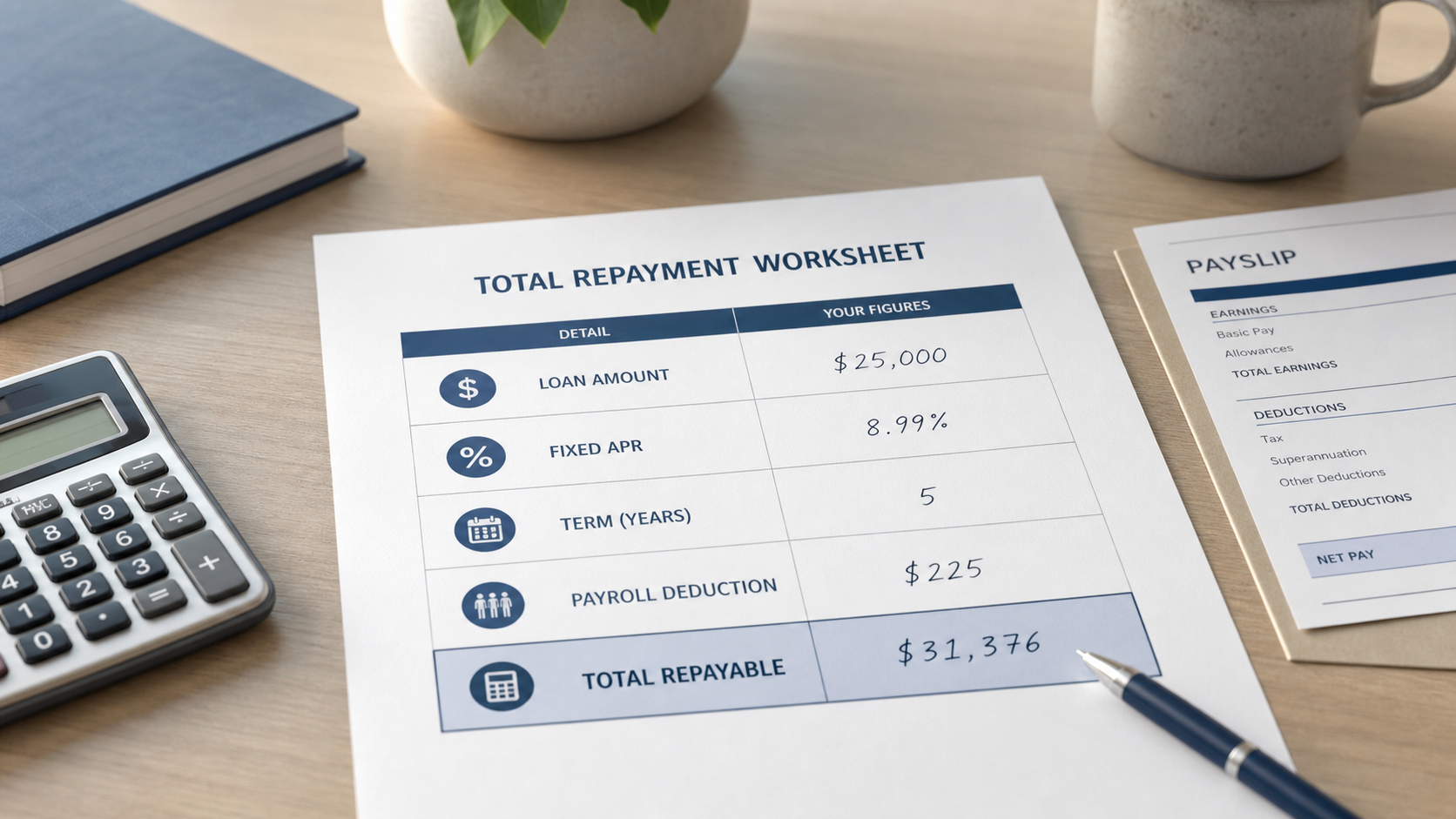 Salary Finance loan total repayment worksheet with APR, term and payroll deduction